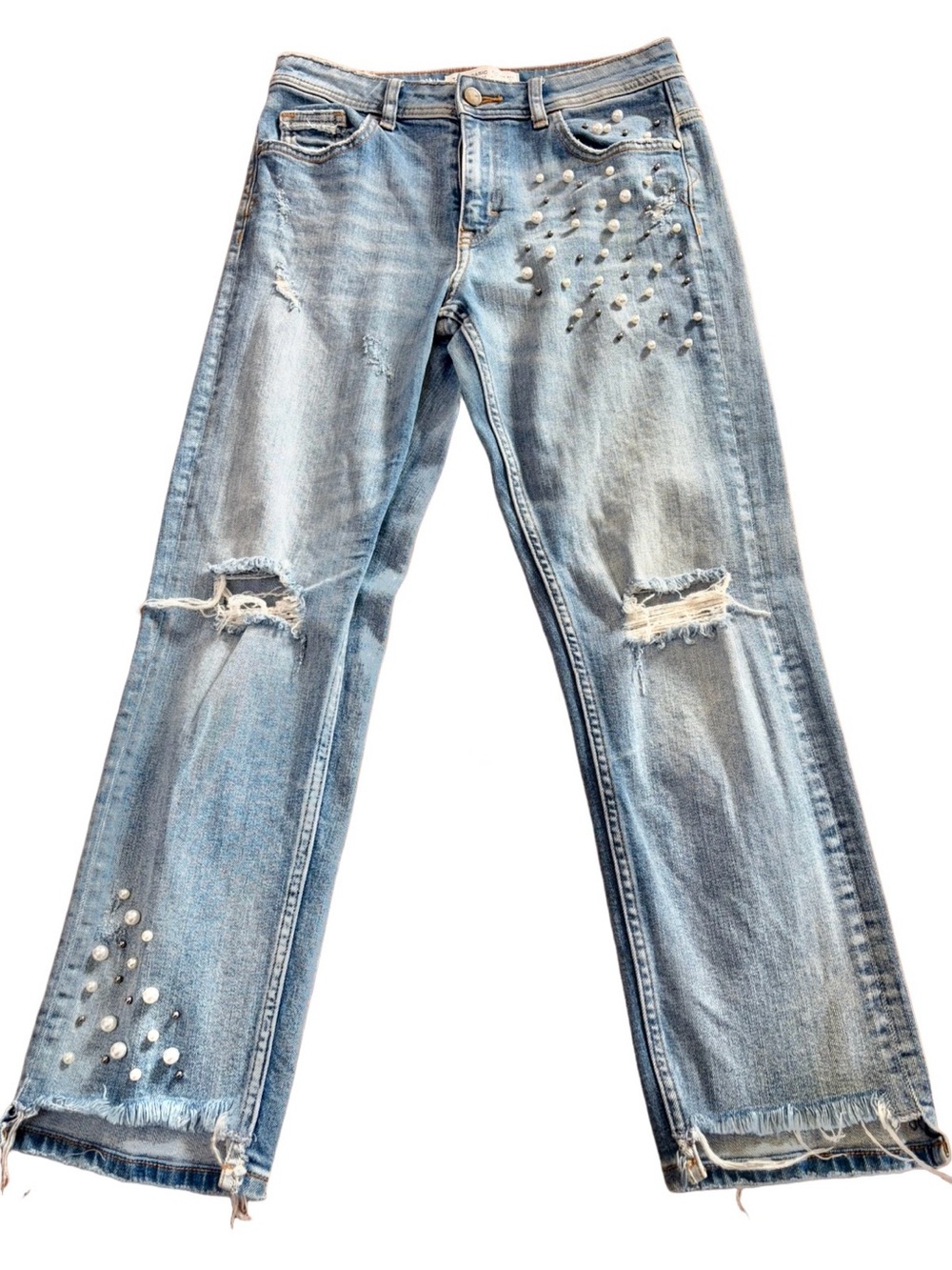 Zara Pearl Distressed Straight Leg Crop Jeans Size 2 (27-28” Waist)